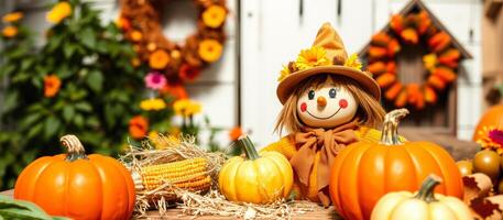 Cheerful Scarecrow with Pumpkins and Corn photo