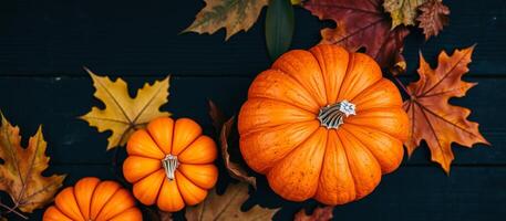 Pumpkins and Autumn Leaves on a Dark Background photo