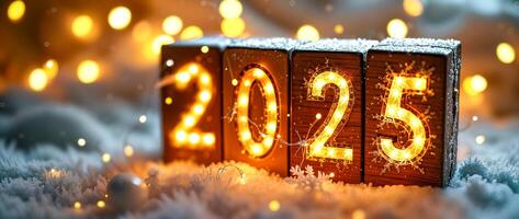 illuminated wooden number blocks displaying 2025 photo
