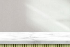 Marble Table in Japandi Style and Canvas Wallpaper Background with Light Beam to the Surface photo