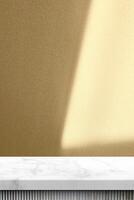 Minimal Marble Table in Japandi Style and Canvas Wallpaper Background with Light Beam to the Surface photo