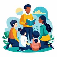Children reading book to each other in the park vector