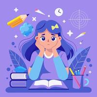 A girl is sitting at a desk with books and a pencil vector