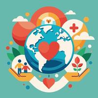 World health day concept with hands holding globe, heart, and other icons vector