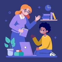 An illustration of a woman teaching a boy how to use a laptop vector