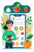 A woman is using a smartphone to check her food intake vector