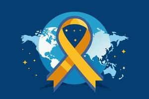 The world map is surrounded by a yellow ribbon vector
