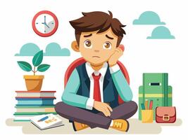 A man sitting on the floor with books and a clock vector