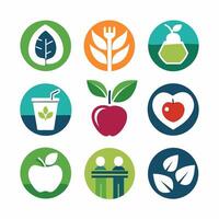 A set of colorful icons that include fruit, apple, apple, apple, apple, apple, vector