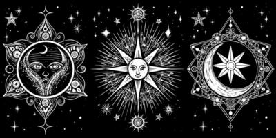 Three different suns, moon and stars in a black and white design vector