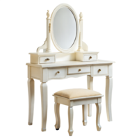 A white dressing table with a mirror and stool png