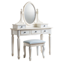 A white vanity table with a mirror and stool png