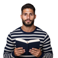 Man Holding Open Book on Transparent Background png