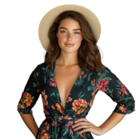 Floral dress model posing with straw hat on transparent background png