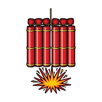 A red firecracker with a red fuse and a yellow fuse