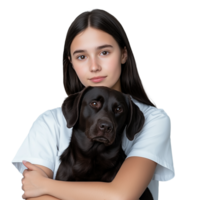 Girl with Labrador Retriever dog in arms on transparent background png