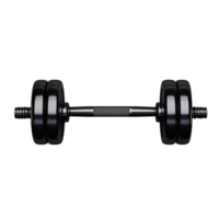Black dumbbell with textured grip and shiny weights on transparent background png
