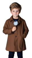 Young detective holding magnifying glass in brown coat on transparent background png