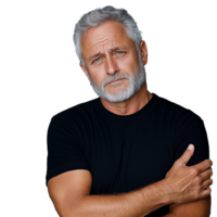 Thoughtful mature man with gray beard and serious expression on transparent background png