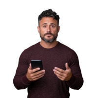 Man holding smartphone with questioning expression on transparent background png