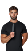 Man holding knife with confident expression on transparent background png