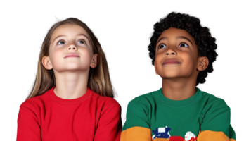 Children looking up with expressions of wonder on transparent background png