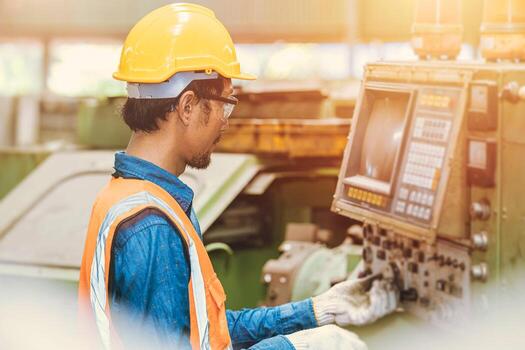 Engineer worker program setup CNC machine in metal industry factory with tablet technology. photo