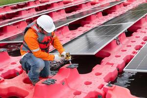 Staff worker installation floating Solar farm. Engineer team Replacing Solar Panel. Solar photovoltaic panel system in Industry lake. Saving Energy with Clean Power in the water pool. photo
