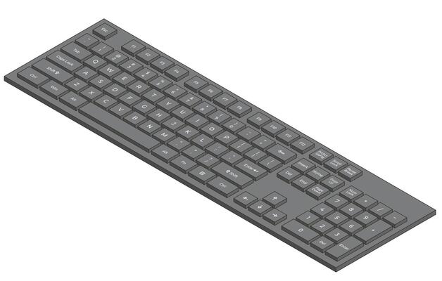 Black isometric keyboard with numpad and letters in minimalistic volumetric style
