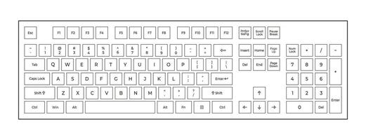 Flat outline keyboard with letters and numpad in minimalistic style. vector
