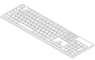 Outline isometric keyboard with letters and numpad in minimalistic volumetric style vector