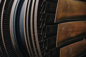 Turbine Blades, High Precision Engineering. Large Fan Stack Layer Metal Part Rotor In Jet Engine Or Steam Power Plant. photo