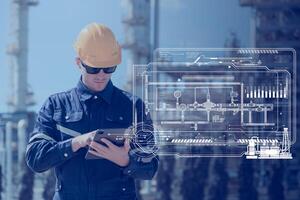 Refinery petroleum pipe worker using modern computer software technology control operation. Industrial Engineer in oil and gas working in petrochemical plant. photo