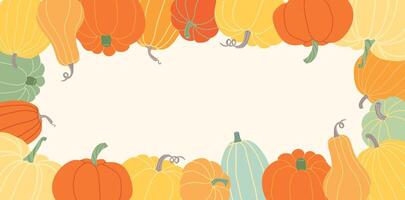 Frame of different types of pumpkins with space for text in the middle. Bright autumn template for Thanksgiving, Halloween, harvest season, invitations, advertisement, banner vector