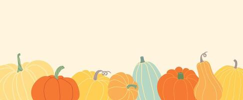 Border of different types of pumpkins. Bright autumn template with space for text for thanksgiving, halloween, harvest season, invitations, advertisement, banner, card vector