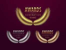 Set of awarded leaves. Gold, silver and bronze collection. Horizontal wide shape and metallic shiny typography, creative concept. Template for art, business or entertainment. Isolated border. vector