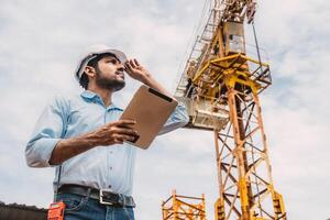 Indian construction engineer worker construction site control operation. Foreman operate tower crane hand holding tablet. photo