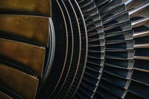 Turbine Blades, High Precision Engineering. Large Fan Stack Layer Metal Part Rotor In Jet Engine Or Steam Power Plant. photo