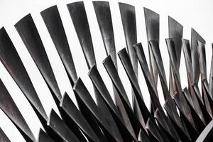 Turbine Blades, High Precision Engineering. Large Fan Stack Layer Metal Part Rotor In Jet Engine Or Steam Power Plant. photo