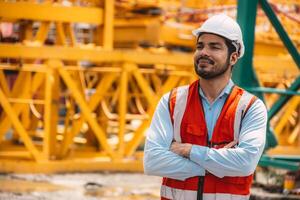 Smart Happy confident Indian construction worker standing smile arm crossed at crane tower construction site. photo