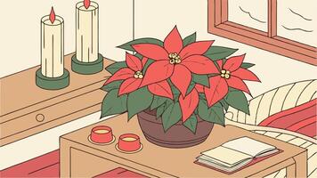 Poinsettia in a vase with candles and books vector