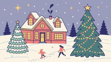 A family is walking in front of a house with christmas trees vector