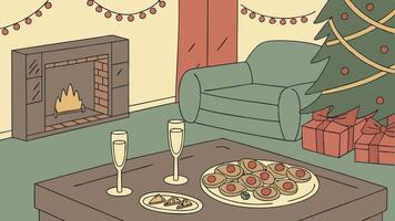 A living room with a fireplace, a christmas tree, and a table with two glasses of vector