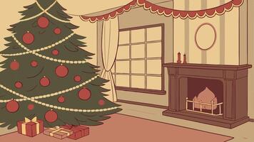 Christmas tree in a living room with fireplace and presents vector