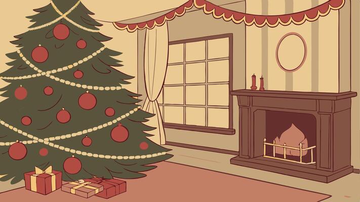 Christmas tree in a living room with fireplace and presents