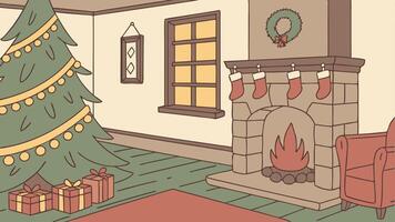 A cartoon illustration of a christmas scene with a fireplace and presents vector