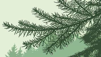 A green background with a tree branch and a pine tree vector