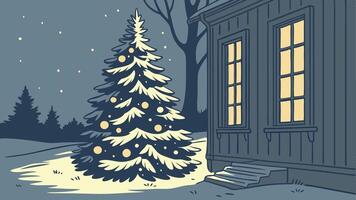 A christmas tree is standing in front of a house vector