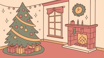 Christmas tree in a living room with fireplace and presents vector