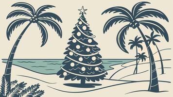 A christmas tree and palm trees on the beach vector